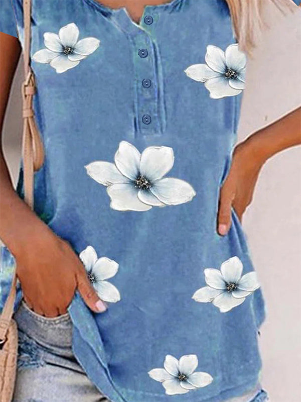 Comfysol Flower Casual Round Neck Short Sleeve Floral Printed Blouse