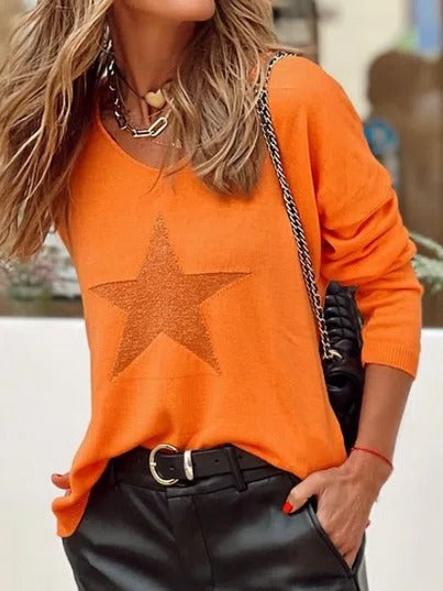 Comfysol Orange Casual Graphic Tops V Neck Star Printed Long Sleeve Sweaters