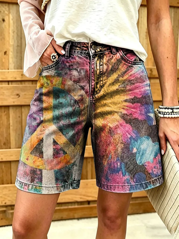 Women's Peace Symbol Tie-Dye Art Print Cotton Denim Shorts