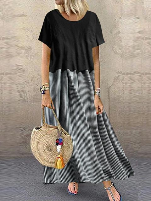 Comfysol Short Sleeve Round Neck Plaid Casual Summer Two Piece Maxi Dress