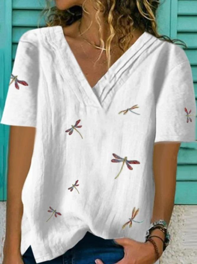 Comfysol Dragonfly Printed V neck Shift Casual White Blouse