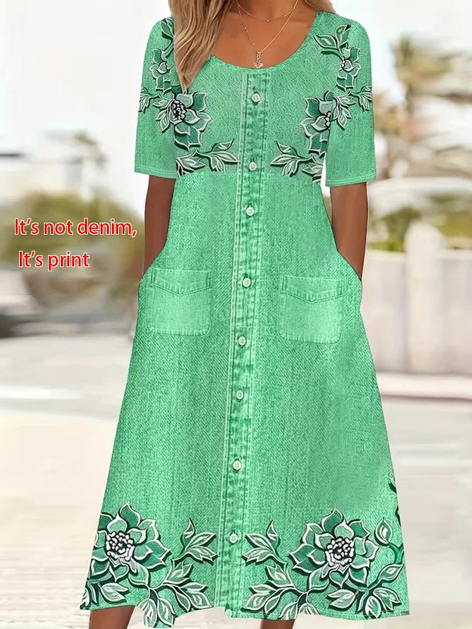 Women Floral Short Sleeve Crew Neck Printing Dress Daily Casual Maxi Shift Dress H-Line Summer Dress