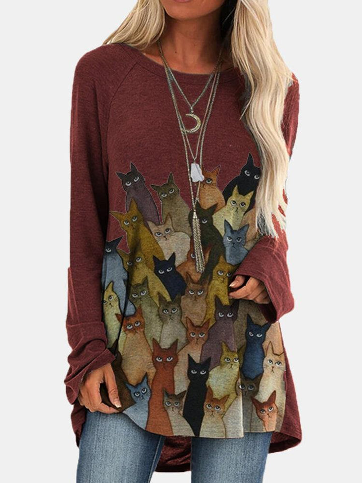 Comfysol Cartoon Cat Print O-neck Long Casual T-shirt