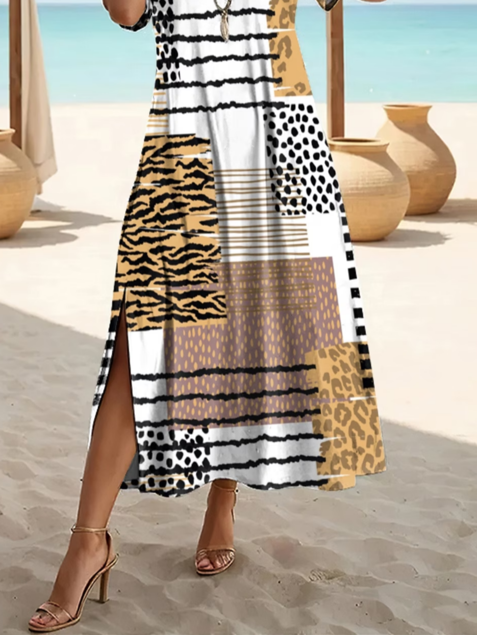 Crew Neck Mixed Print Casual Summer Dress