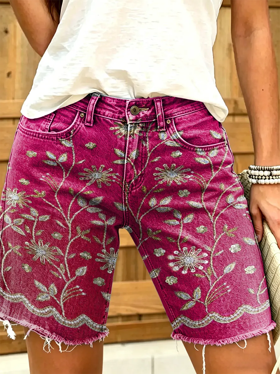 Women's Floral Print Mid-Length Frayed Denim Bermuda Shorts