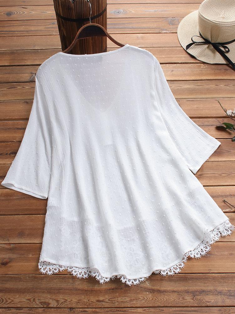 Comfysol Jacquard Pleated Lace Hollow Out V-neck Plus Size Blouse