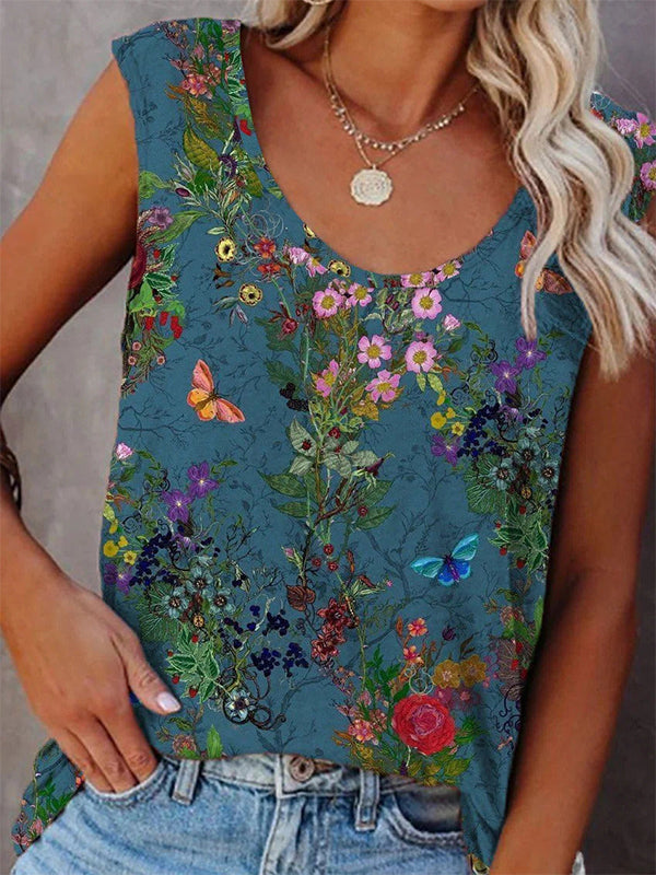 Comfysol Casual Round Neck Sleeveless Floral Printed Blouse
