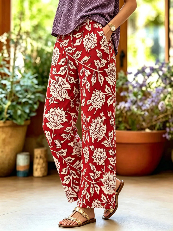 Spring Fall Red Floral Print Trousers