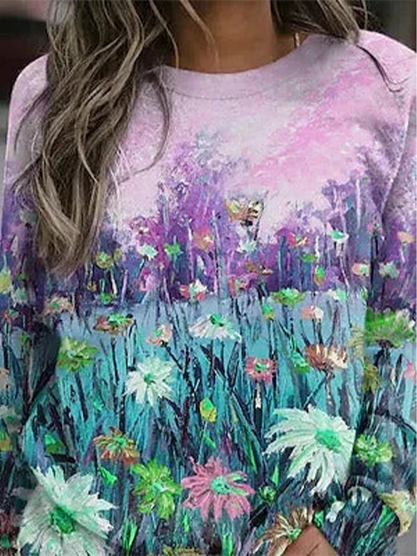 Comfysol Multicolor Casual Graphic Tops Round Neck Long Sleeve Floral Printed Sweatshirts