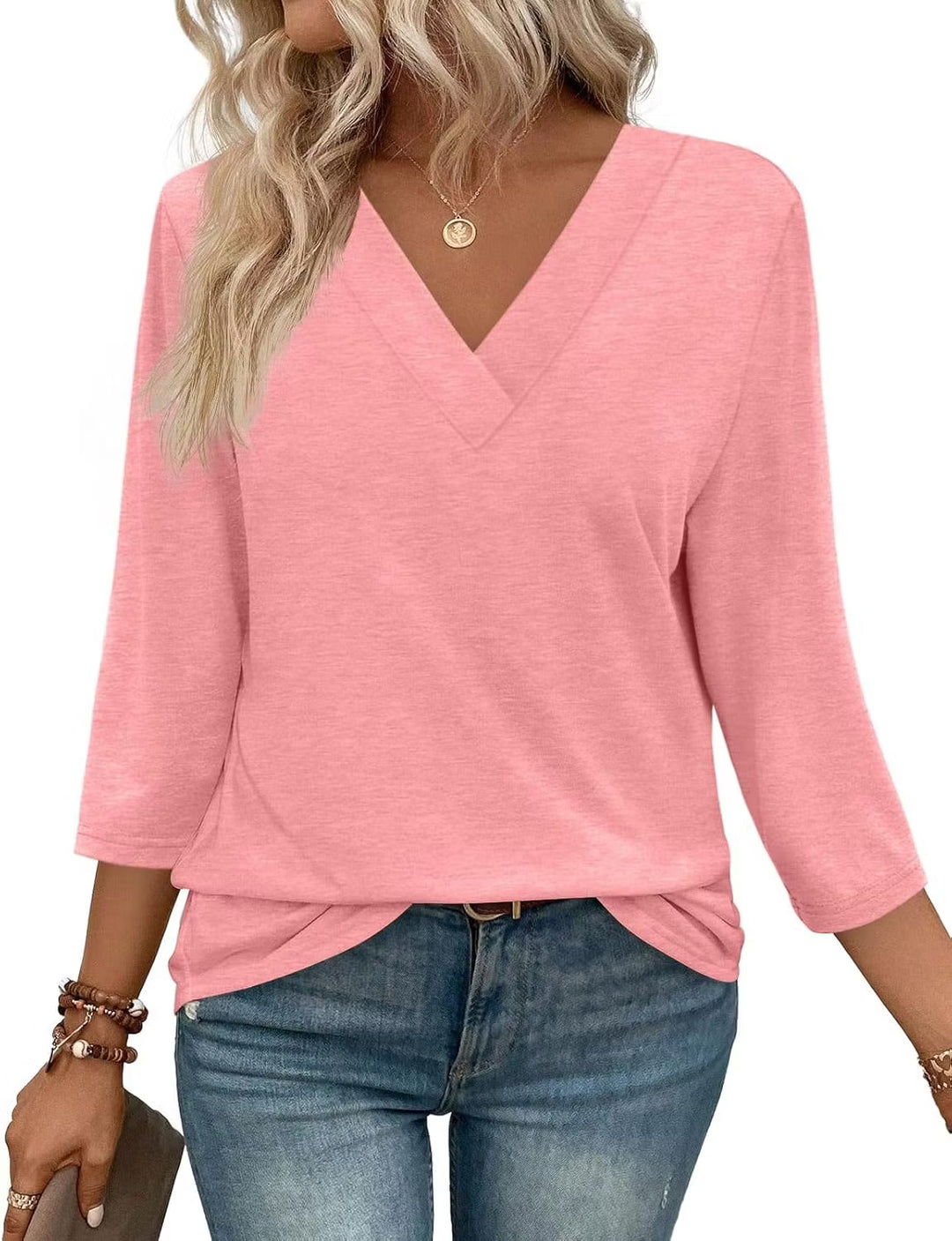 Women's V Neck 3/4 Long Sleeve Loose Fit Tops