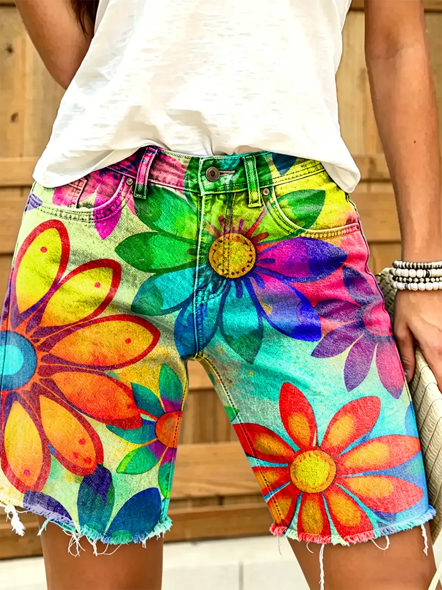 Rainbow Tie Dye Daisy Floral Raw Hem Denim Shorts
