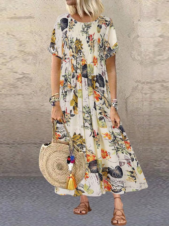 Comfysol Pleated Leaves Floral Print Vintage Dress