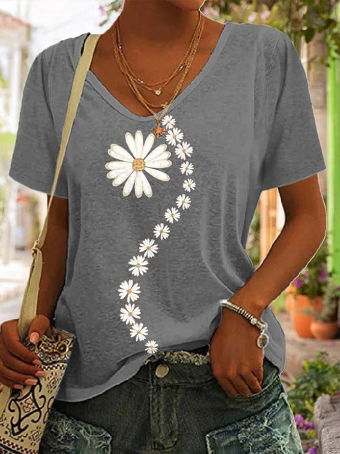 Comfysol Gray Casual V Neck Floral Printed Short Sleeve Shirt