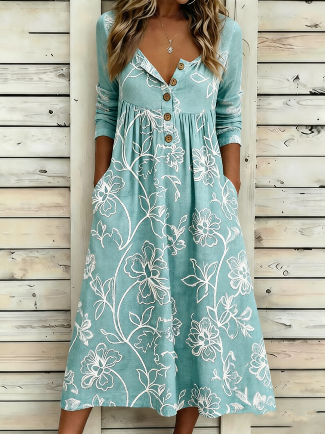 Vintage Floral Half-Open Collar Maxi Dress – Casual Boho A-Line Dress