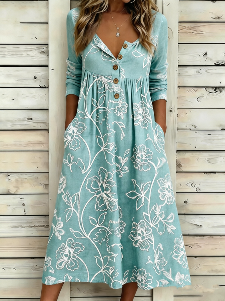Vintage Floral Half-Open Collar Maxi Dress – Casual Boho A-Line Dress