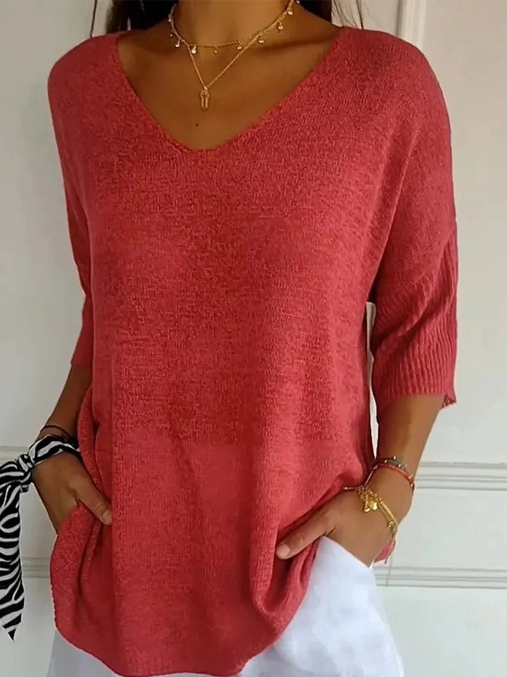 Comfysol Solid Color Knitted V-Neck Top