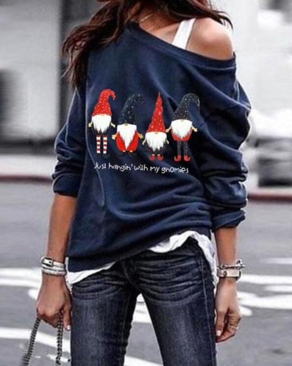 Comfysol Santa Printed Long Sleeve Oblique Shoulder Sweatshirt