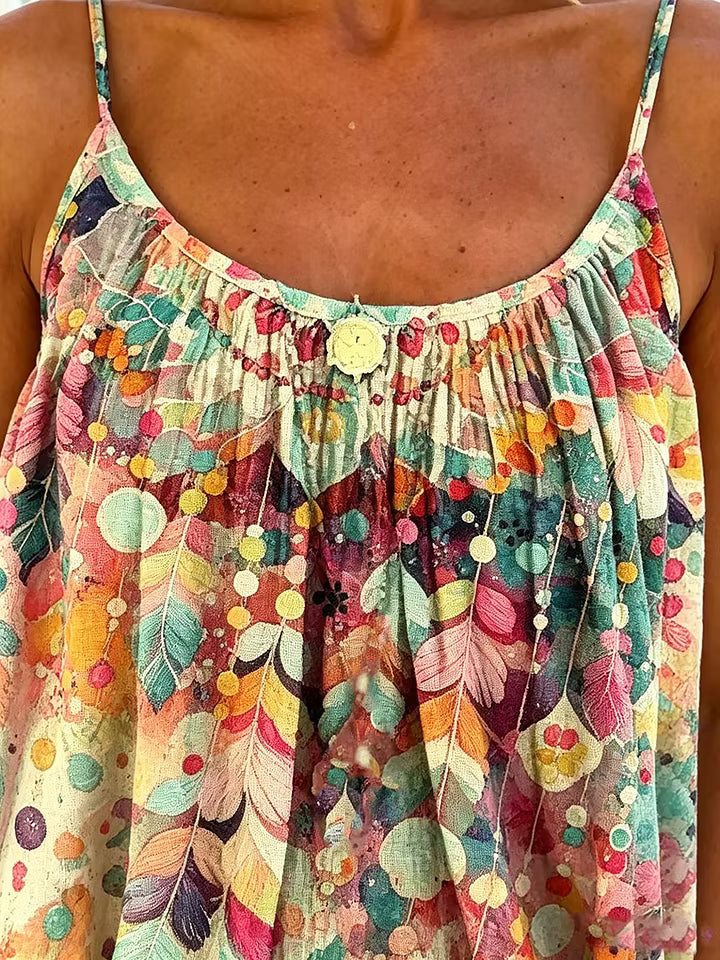 Women's Multicolor Feather Watercolor Print Spaghetti Strap Camisole Top