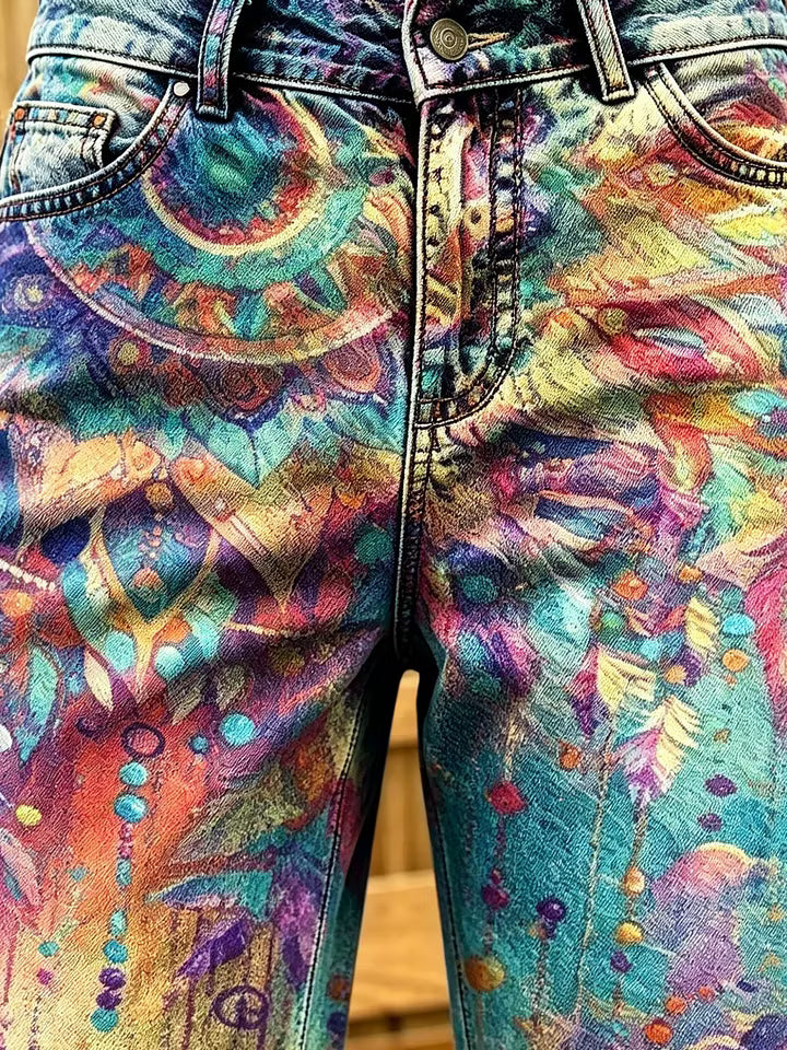 Women's Bohemian Feather Mandala Watercolor Print Cotton Denim Shorts
