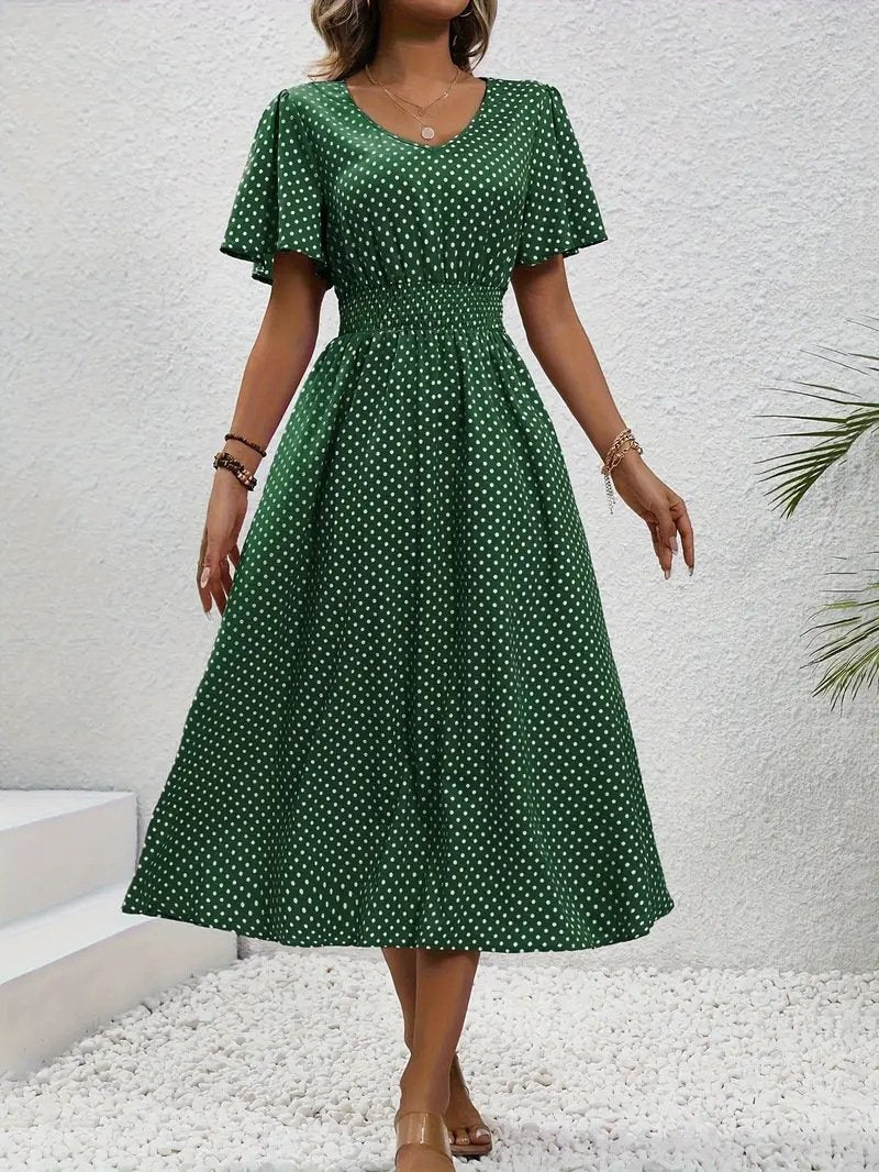 Women Polka Dots Short Sleeve V Neck Printing Dress Daily Casual Maxi Tank A-Line Summer Dress