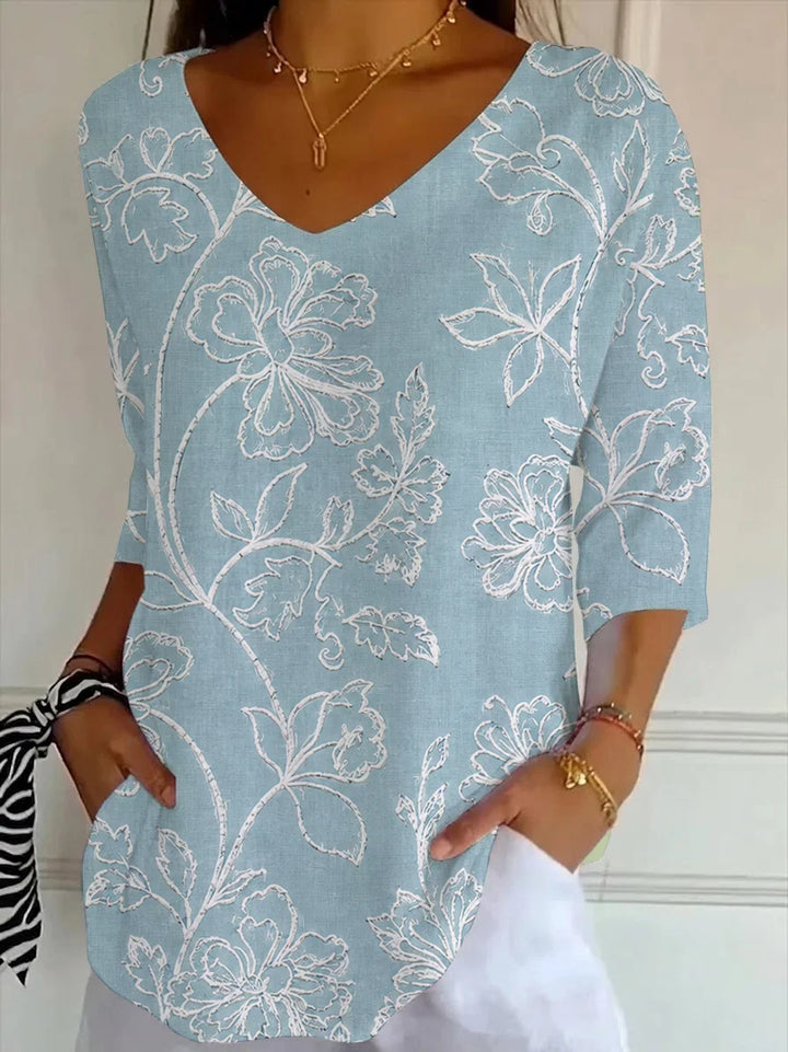Blue Floral V-Neck Short Sleeve Casual T-shirt