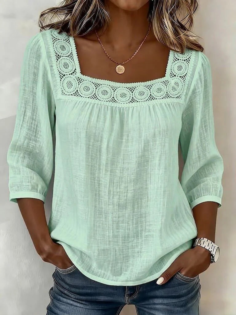 Square Neck Half Sleeve Plain Regular Loose Blouse For Women