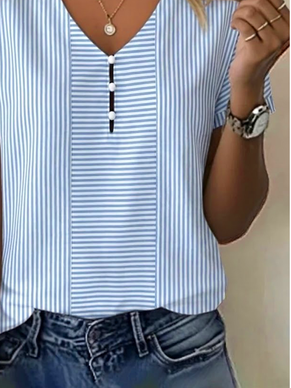 Lightweight Striped V-Neck Blouse