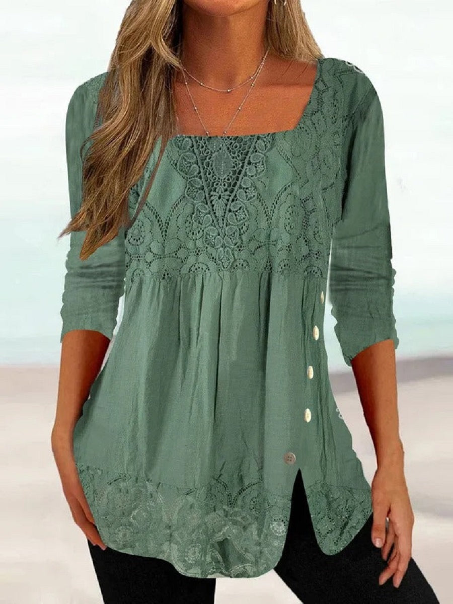 Comfysol Green Casual Square Neck Solid Long Sleeve Blouse