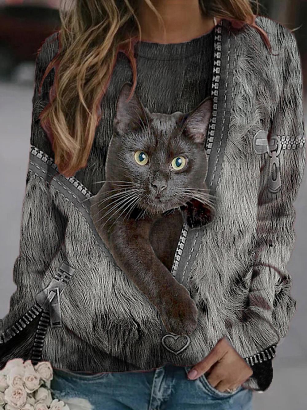 Comfysol Black Cat Print Long Sleeves O-neck Casual Sweatshirt