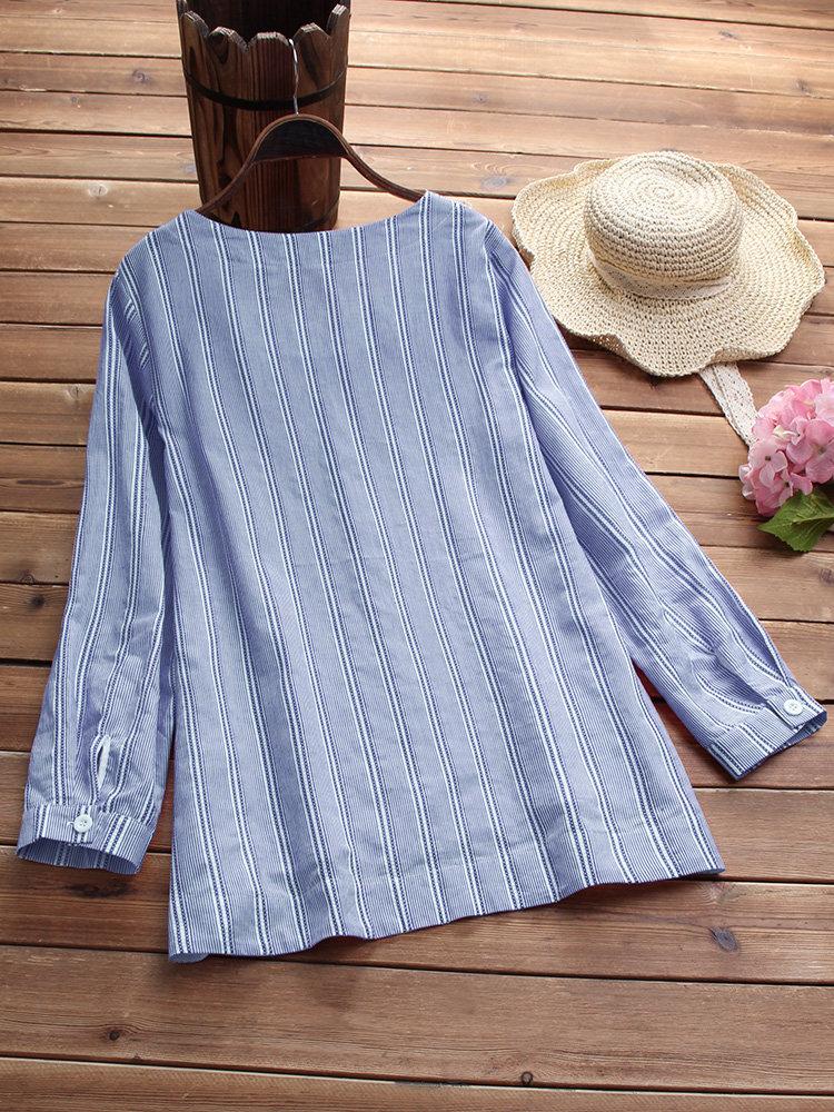 Comfysol Side Buttons Stripe Cat Embroidered Patchwork Vintage Blouse