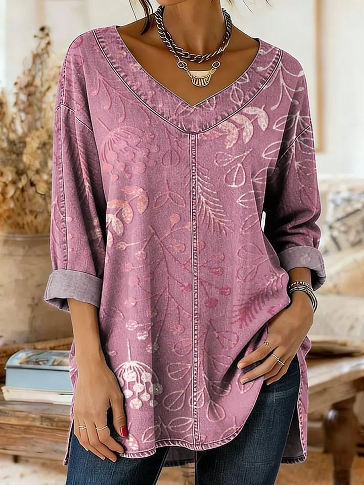 Women's Floral Art Print Casual Washed Denim Cotton Top