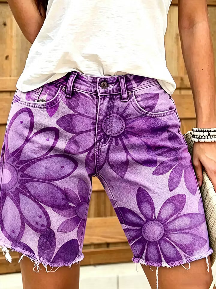 Rainbow Tie Dye Daisy Floral Raw Hem Denim Shorts