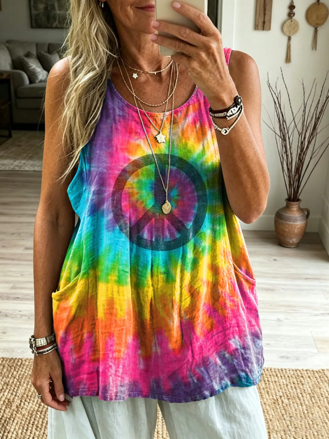 Women's Hippie Tie-Dye Art Print Casual Sleeveless Tank Top