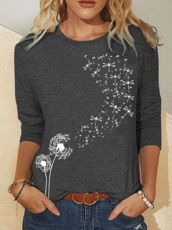 Comfysol Deep Gray Casual Round Neck Long Sleeve Dandelion Printed Sweatshirts