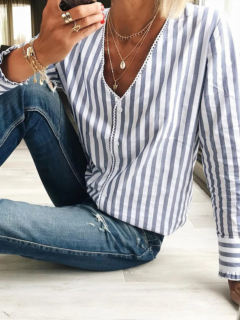 Comfysol Blue Casual V Neck Stripe Long Sleeve Blouse