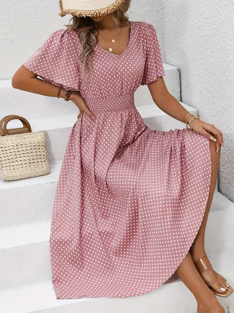 Women Polka Dots Short Sleeve V Neck Printing Dress Daily Casual Maxi Tank A-Line Summer Dress