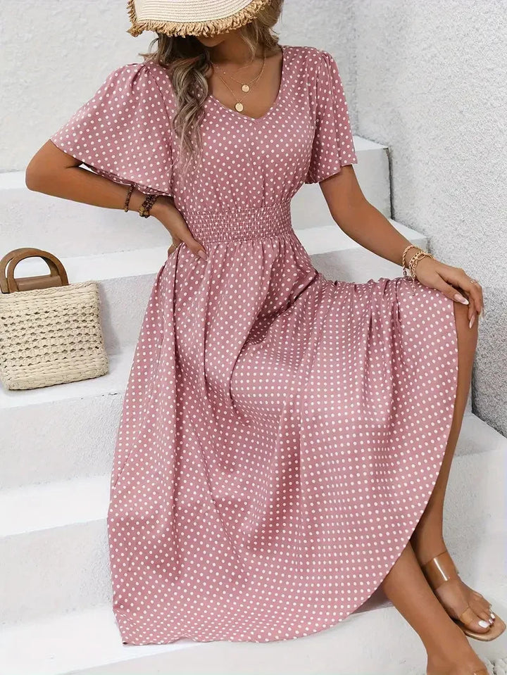 Women Polka Dots Short Sleeve V Neck Printing Dress Daily Casual Maxi Tank A-Line Summer Dress