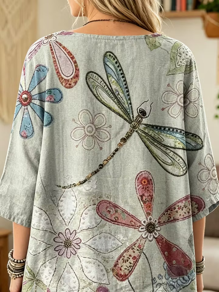 Ethnicity Dragonfly Flowers Women's Art Print Casual 3/4 Sleeve Cotton Top