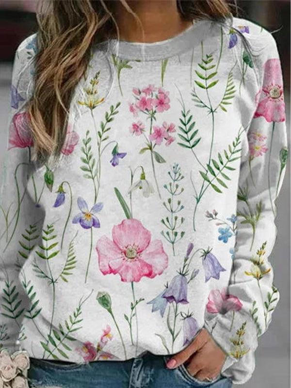 Comfysol Pink Casual Graphic Tops Round Neck Long Sleeve Floral Printed Sweatshirts