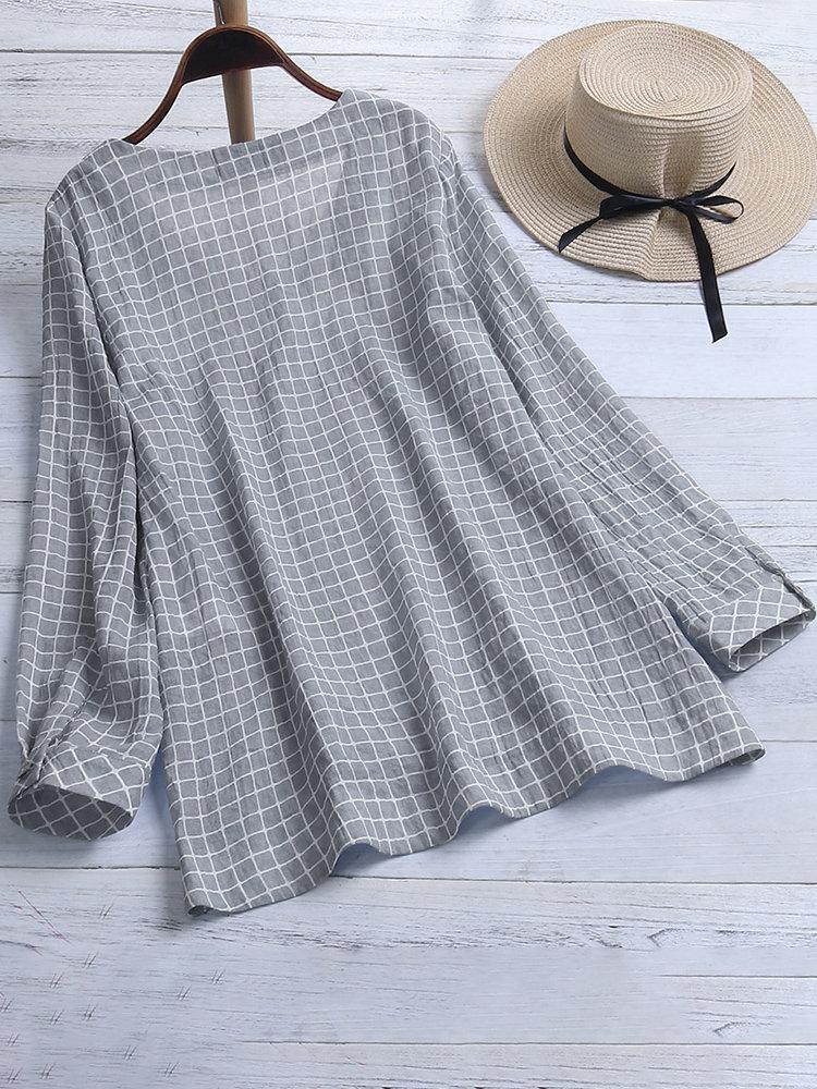 Comfysol Casual Plaid Irregular Hem Button Plus Size Blouse