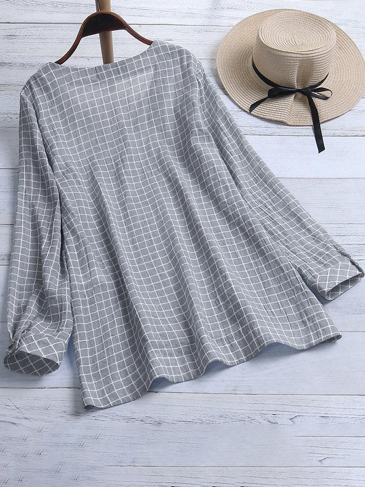 Comfysol Casual Plaid Irregular Hem Button Plus Size Blouse