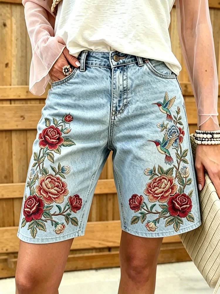 Women's Wildflower and Butterfly Print Cotton Denim Bermuda Shorts