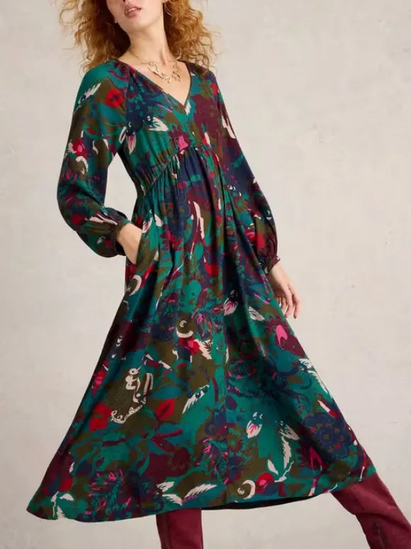 Green Print Midi Dress – Elegant Boho Vacation Dress for Women