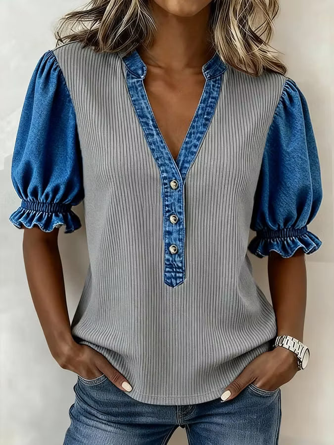Women'S Casual Color-Block Denim Patchwork Top