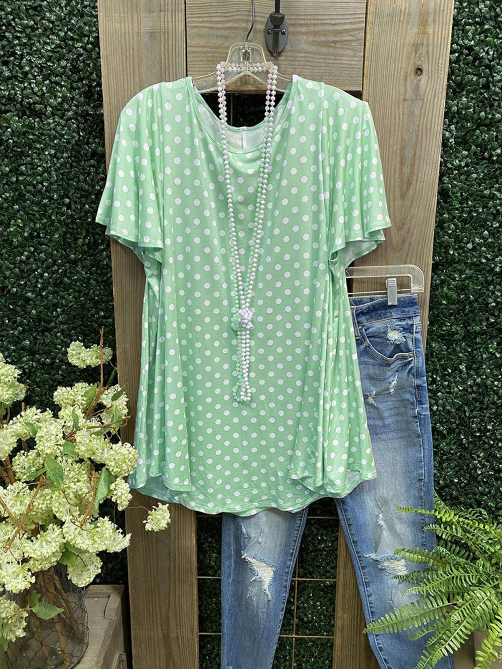 Comfysol Polka Dot Ruffles Round Neck Short Sleeve Casual Blouse