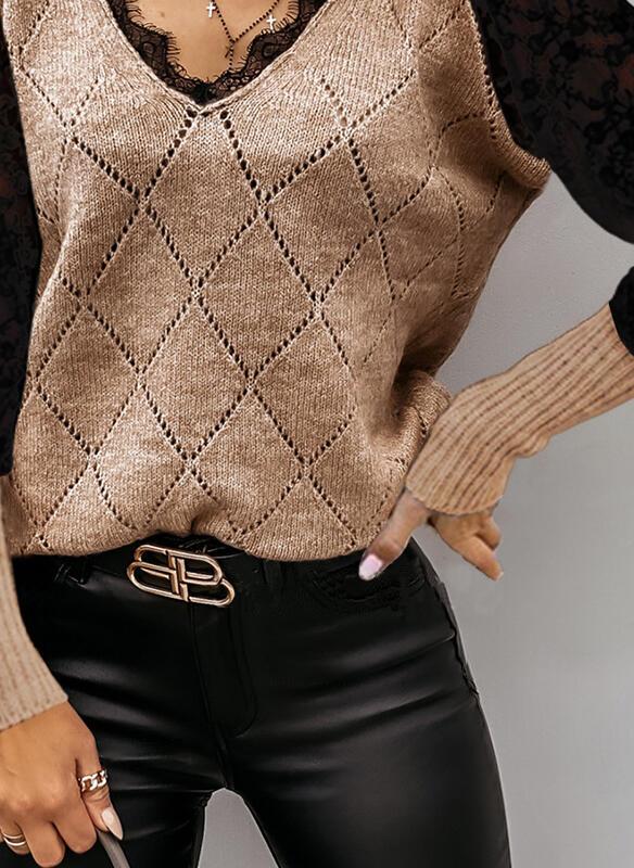 Comfysol Color Block Lace V-Neck Casual Sweaters