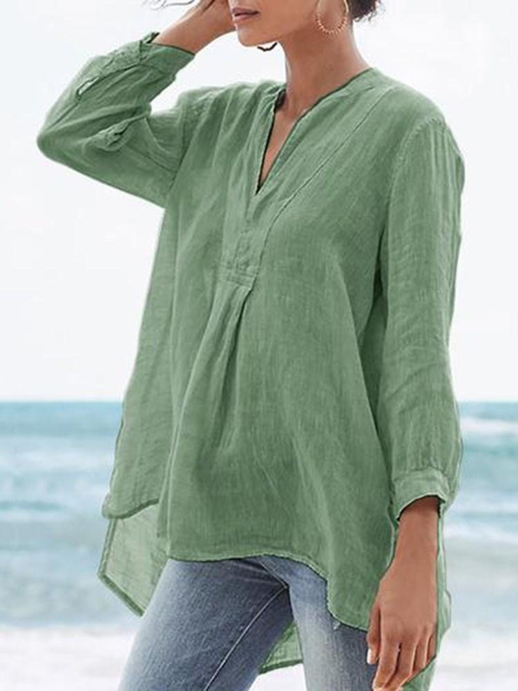 Comfysol Asymmetric Plain V-Neck Mid-Length Nine Points Sleeve Blouse