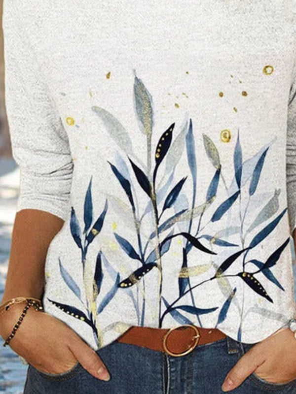 Comfysol White Casual Round Neck Long Sleeve Floral Printed Blouse