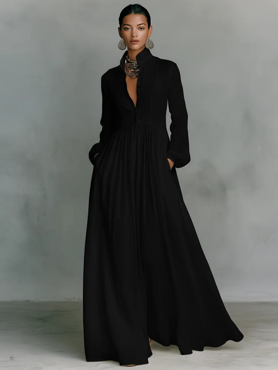 Women's Minimalist Cotton And Linen Patchwork Single-breasted Stand-up Collar Long-sleeved Maxi Dress MDA0658K6Y