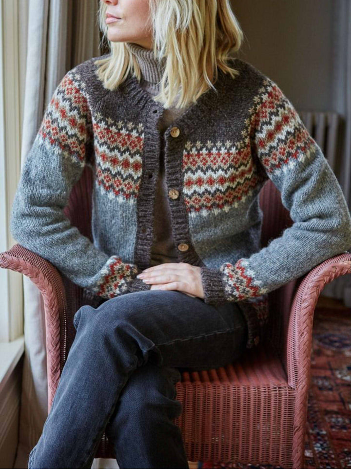 Comfysol Women's Knitted Fair Isle Diamond Pattern Cardigan
